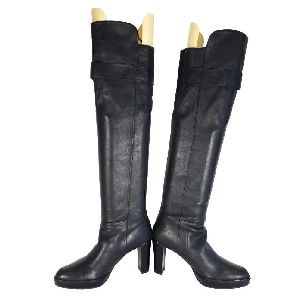 Stuart Weitzman Women's US7,5-8 Black Leather Buckle Heel PullOn Over Knee Boots